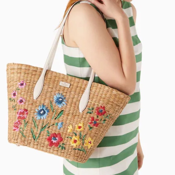• NWT KATE SPADE OTHER GARDEN BOUQUET STRAW TOTE LARGE GREEN YELLOW MULTI OTHER - Picture 2 of 10